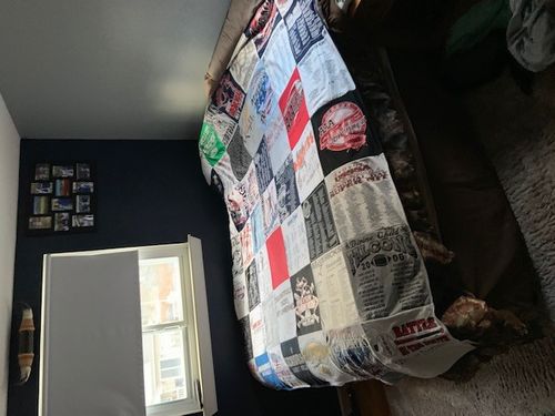 T-shirt quilt with music, sports themes by Debbie from MI