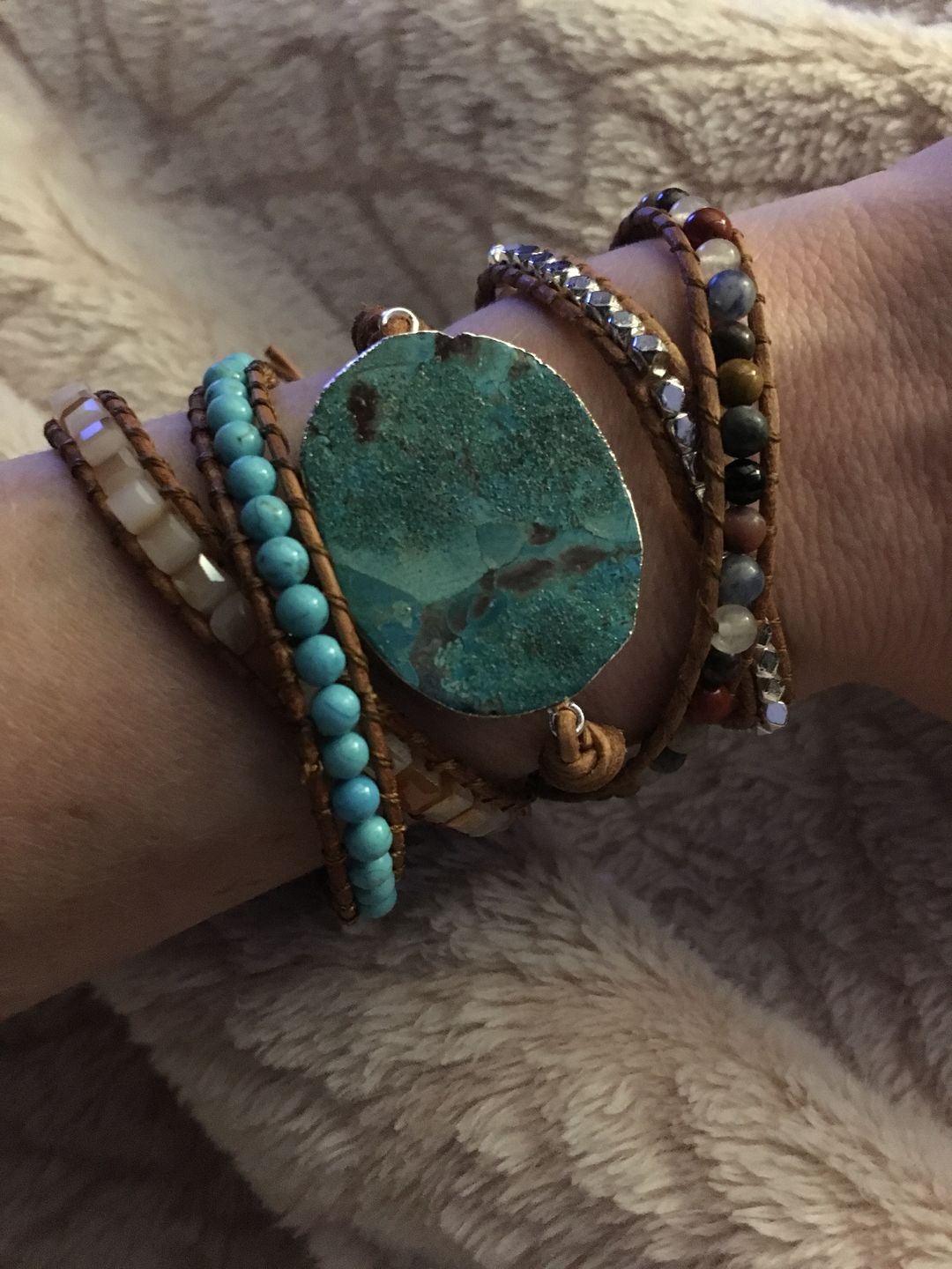 Customer photo review of Handmade Natural Ocean Jasper Leather Wrap Bracelet