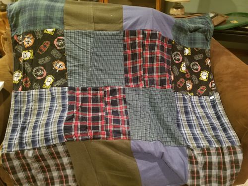 T-shirt quilt with plaid, cartoons themes by Melanie from MA