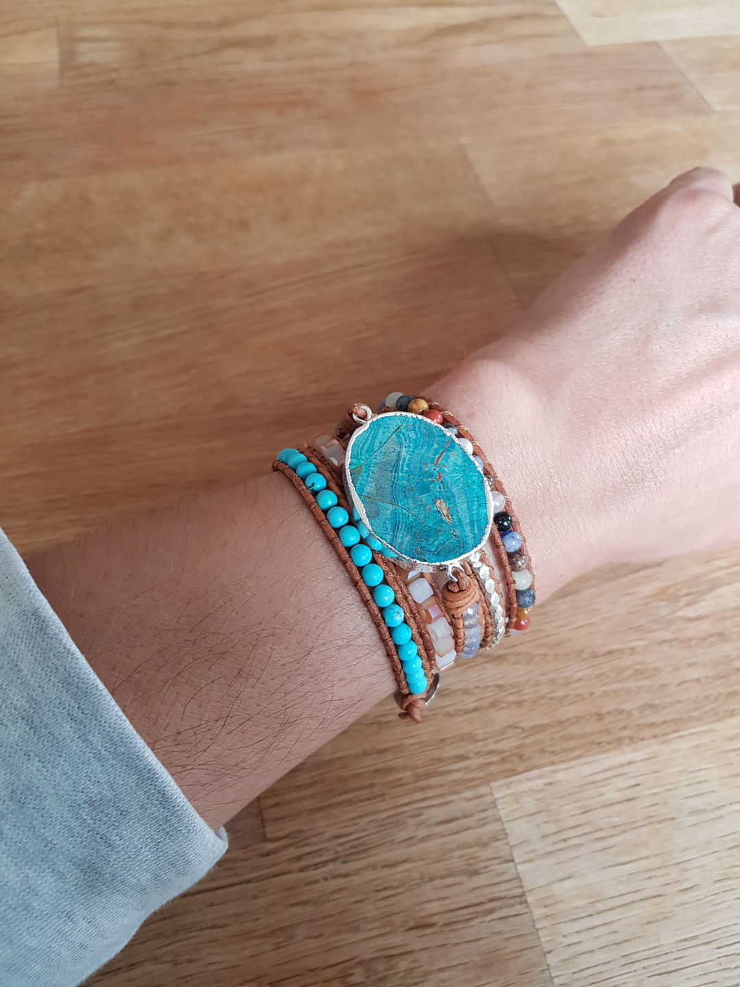 Customer photo review of Handmade Natural Ocean Jasper Leather Wrap Bracelet