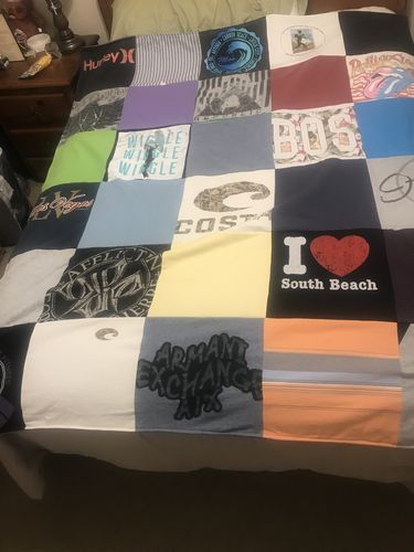 T-shirt quilt with surf culture, beach activities themes by Deborah from FL