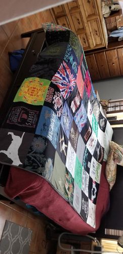 T-shirt quilt with music, travel themes by Gretchen from NM