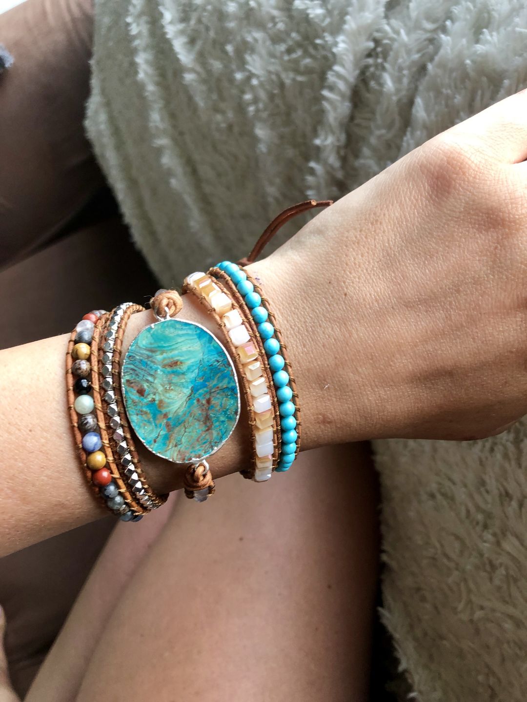 Customer photo review of Handmade Natural Ocean Jasper Leather Wrap Bracelet