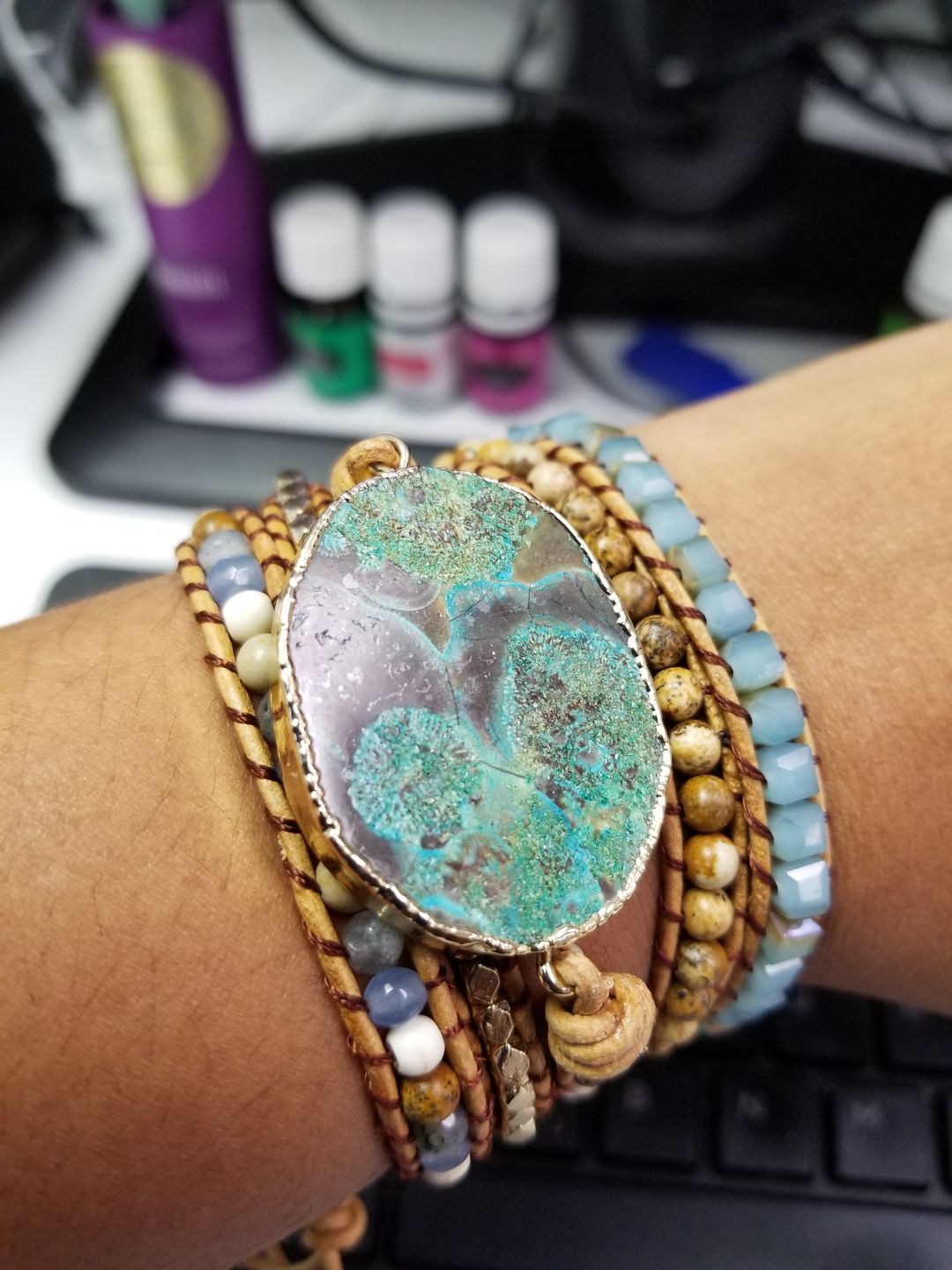 Customer photo review of Handmade Natural Ocean Jasper Leather Wrap Bracelet