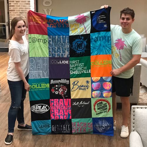 T-shirt quilt with youth events, church activities themes by Amy from GA