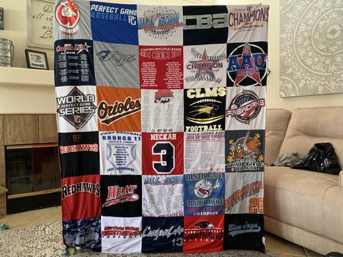 T-shirt quilt featuring redhawks, ornado by Julie from CA