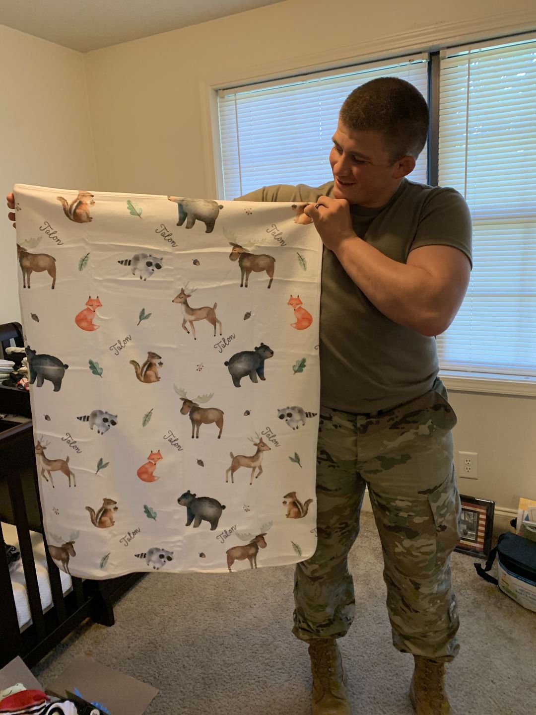 Customer photo review of Woodland Animals Personalized Baby Blanket