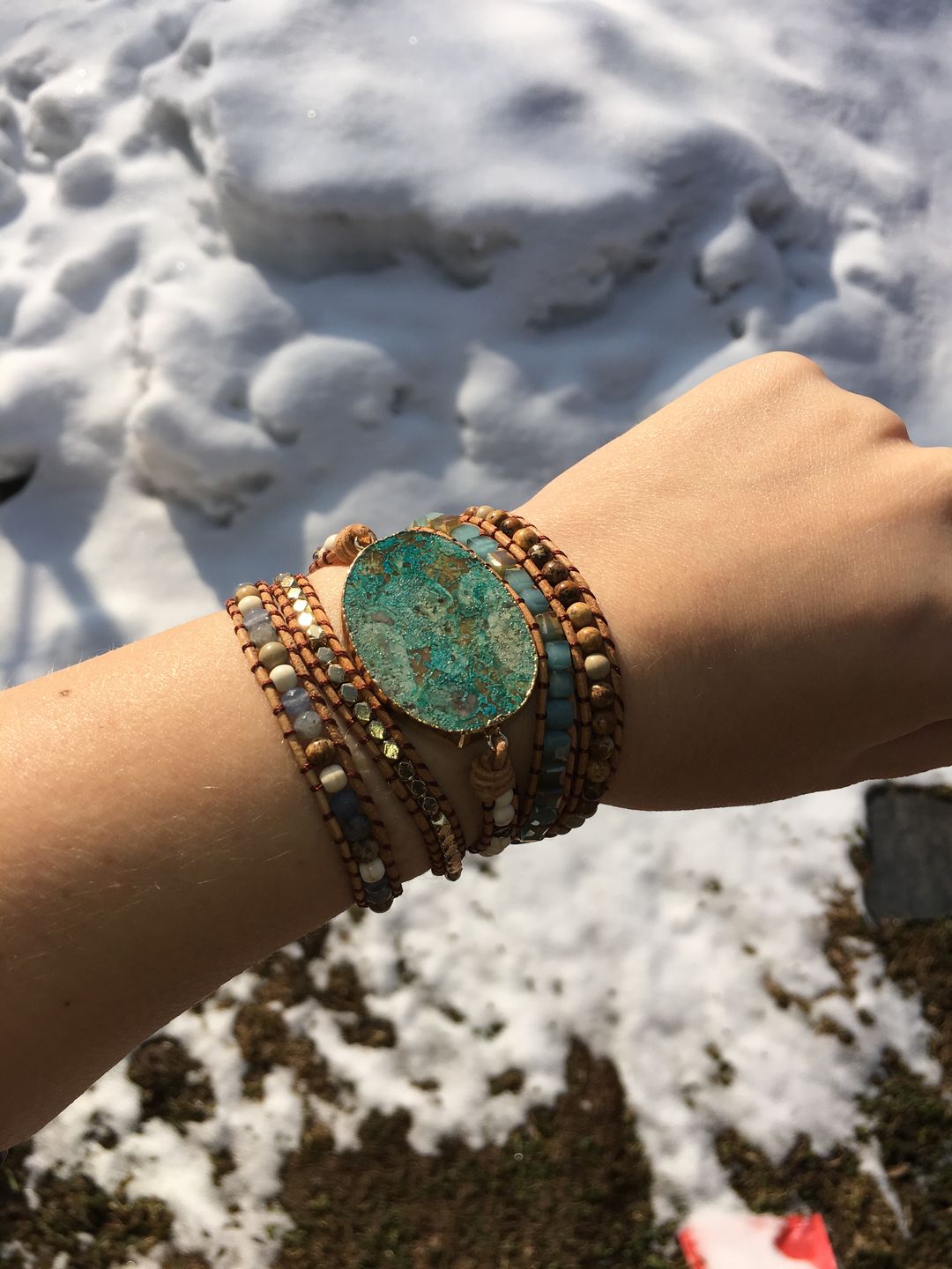 Customer photo review of Handmade Natural Ocean Jasper Leather Wrap Bracelet