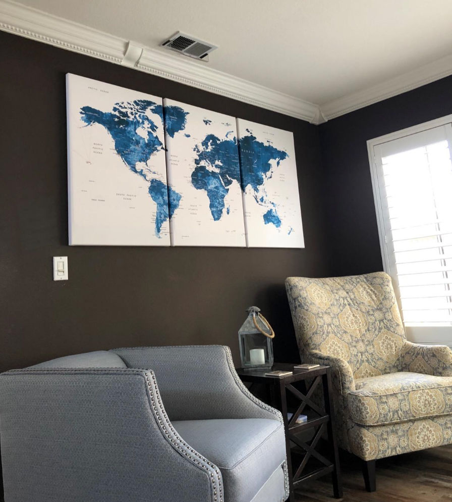 Customer photo review of Large Blue Watercolor Push Pin World Map Wall Art Canvas Print