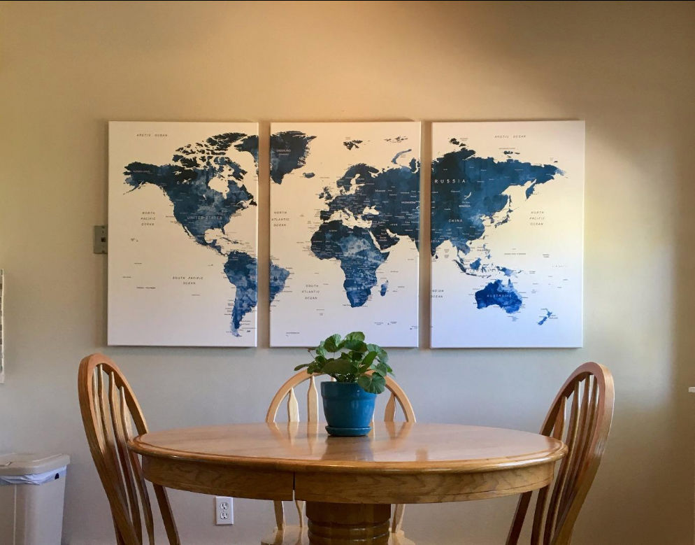 Customer photo review of Large Blue Watercolor Push Pin World Map Wall Art Canvas Print