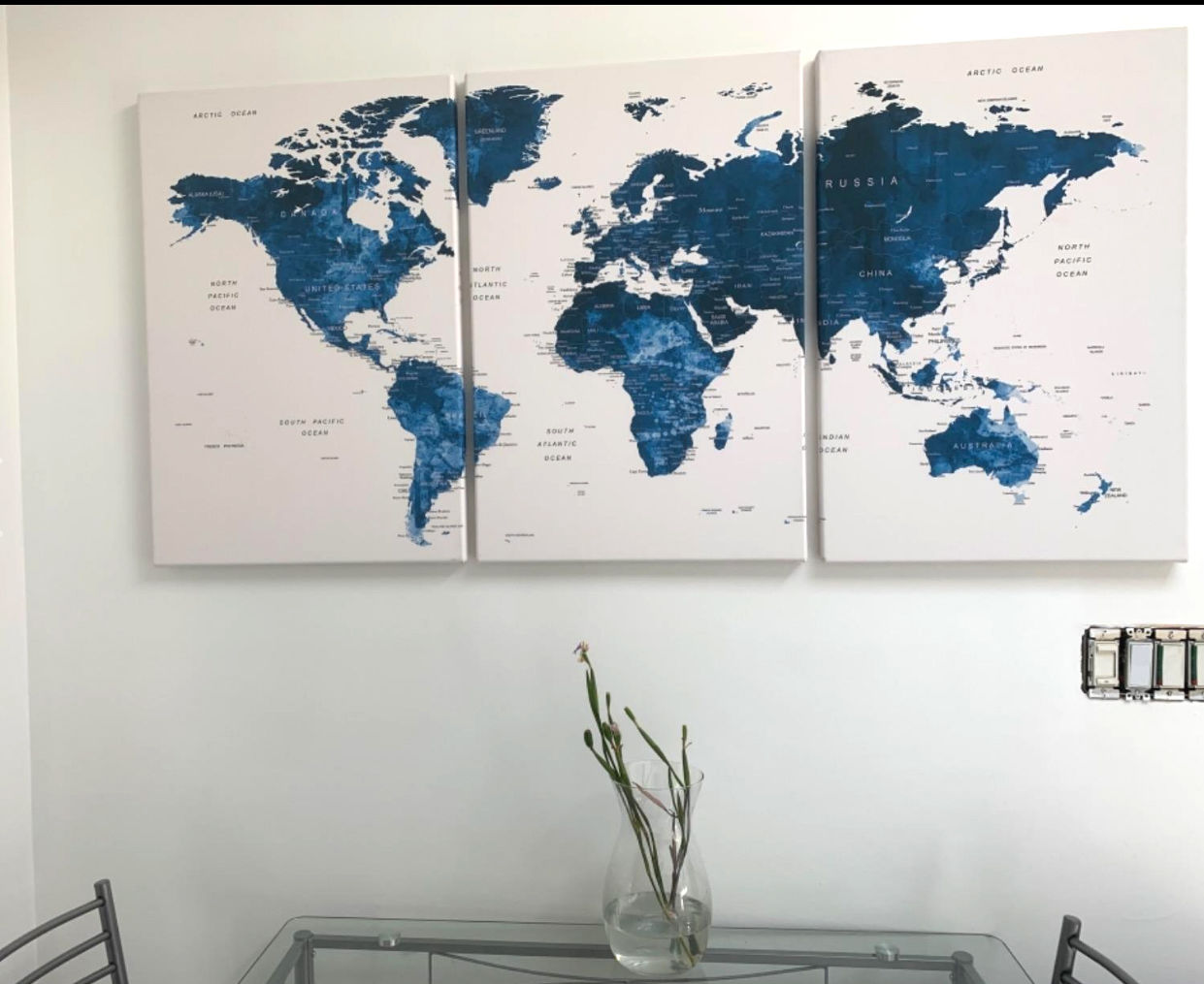 Customer photo review of Large Blue Watercolor Push Pin World Map Wall Art Canvas Print