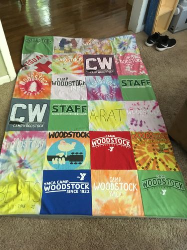 T-shirt quilt with camping, outdoor activities themes by Jennifer from CT