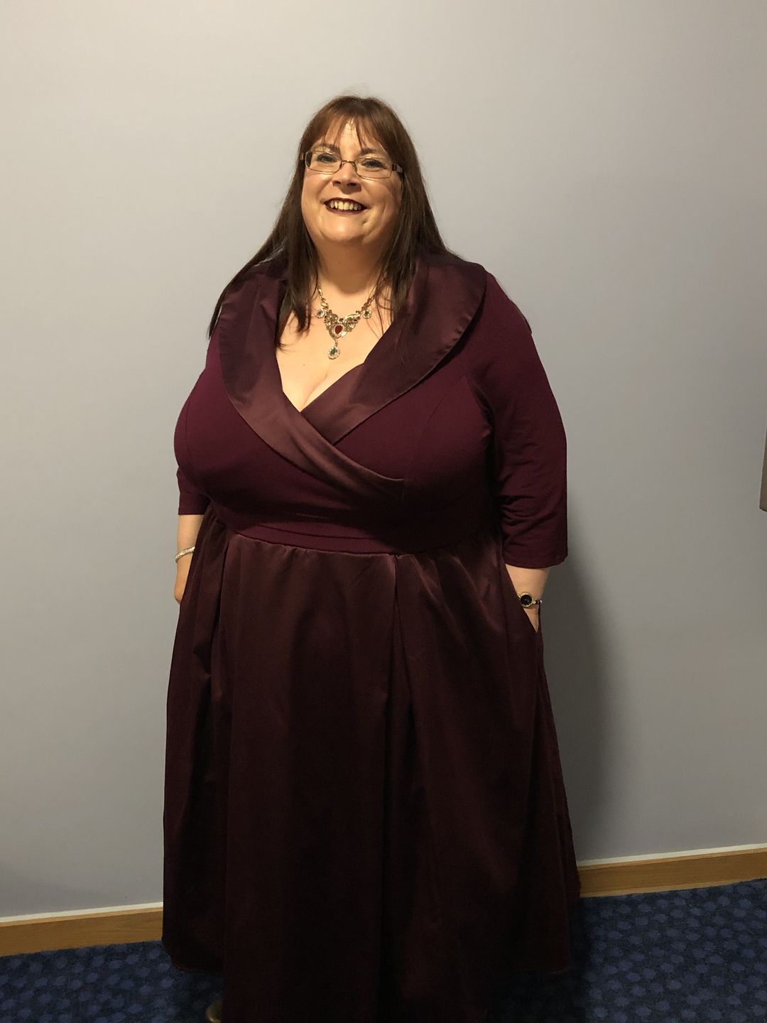 Customer photo review of The Olivia Plum Satin Tuxedo Prom Dress