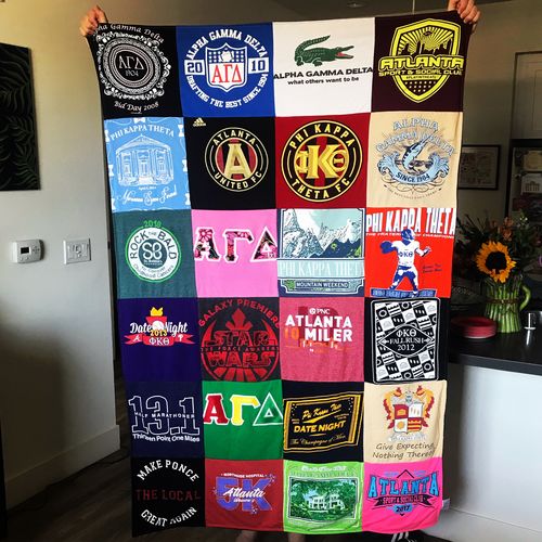 T-shirt quilt with sororities, running themes by Pamela from CA
