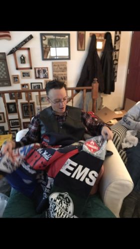 T-shirt quilt with emergency services, firefighting themes by Beth- from CA