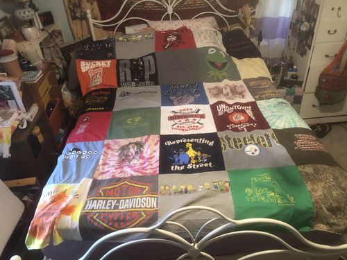 T-shirt quilt with motorcycles, puppets themes by Valerie from VA
