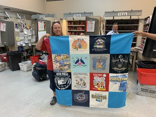 T-shirt quilt with postal service, racing themes by Sarah from AZ