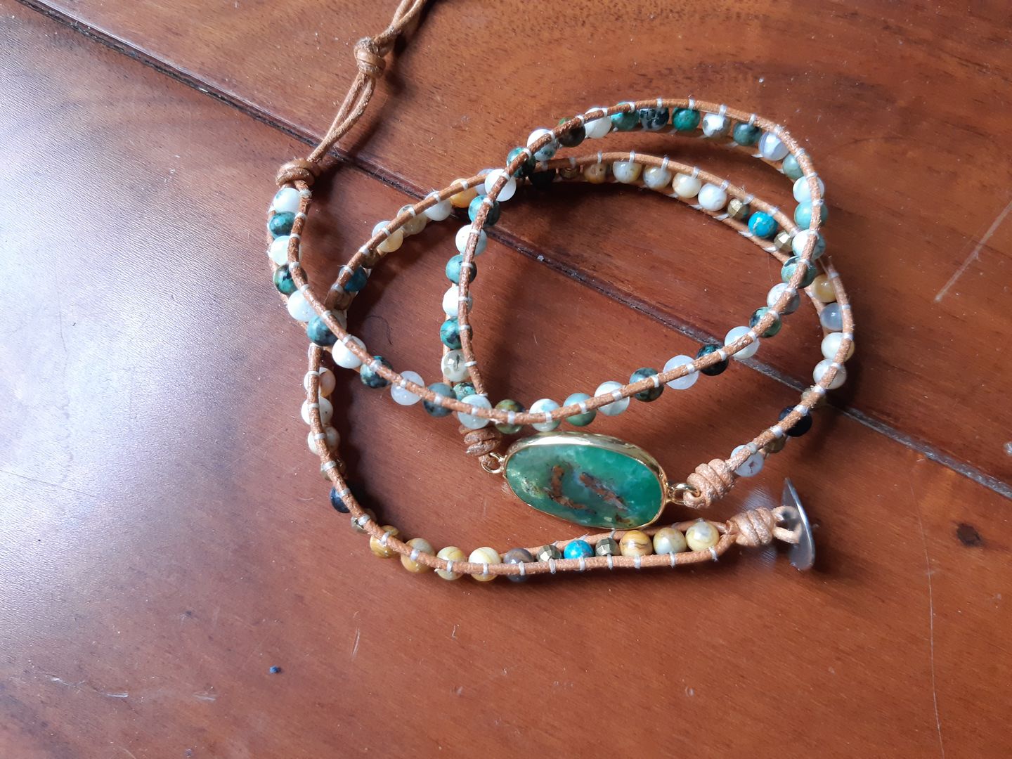 Customer photo review of Natural Green Jade Jasper and Moss Agate Wrap Bracelet
