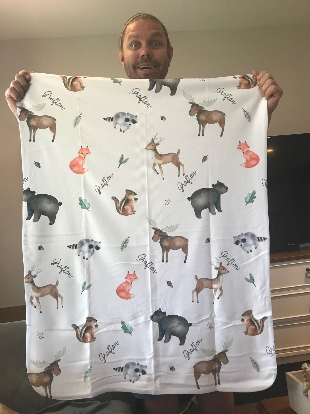 Customer photo review of Woodland Animals Personalized Baby Blanket