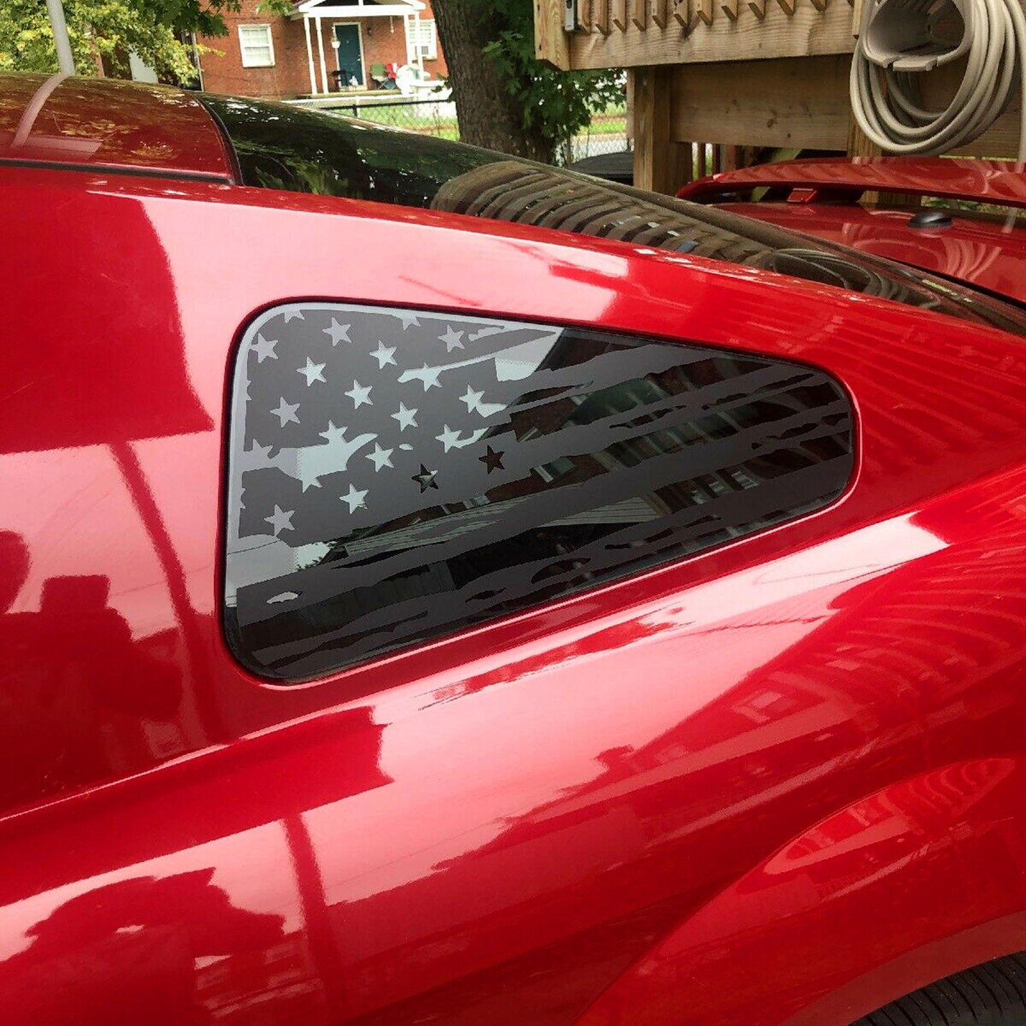 Customer photo review of (x2) Distressed USA flag pre-cut decal fits Ford Mustang 2005-2009 quarter window