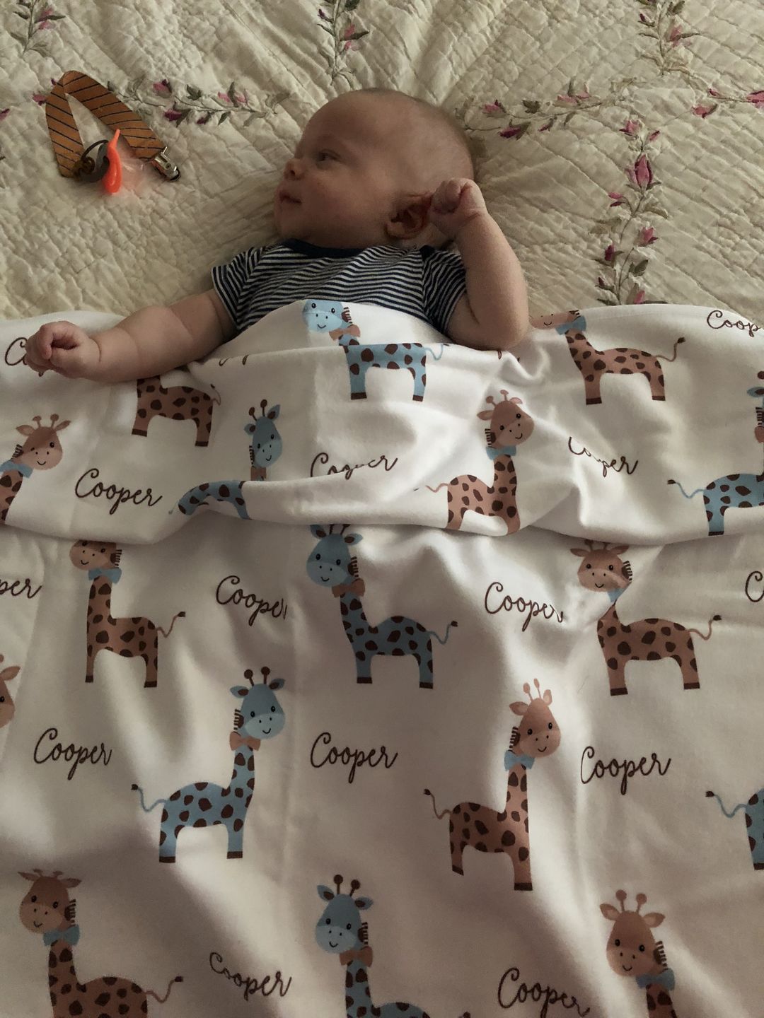 Customer photo review of Giraffe Fleece Personalized Baby Boy Blanket