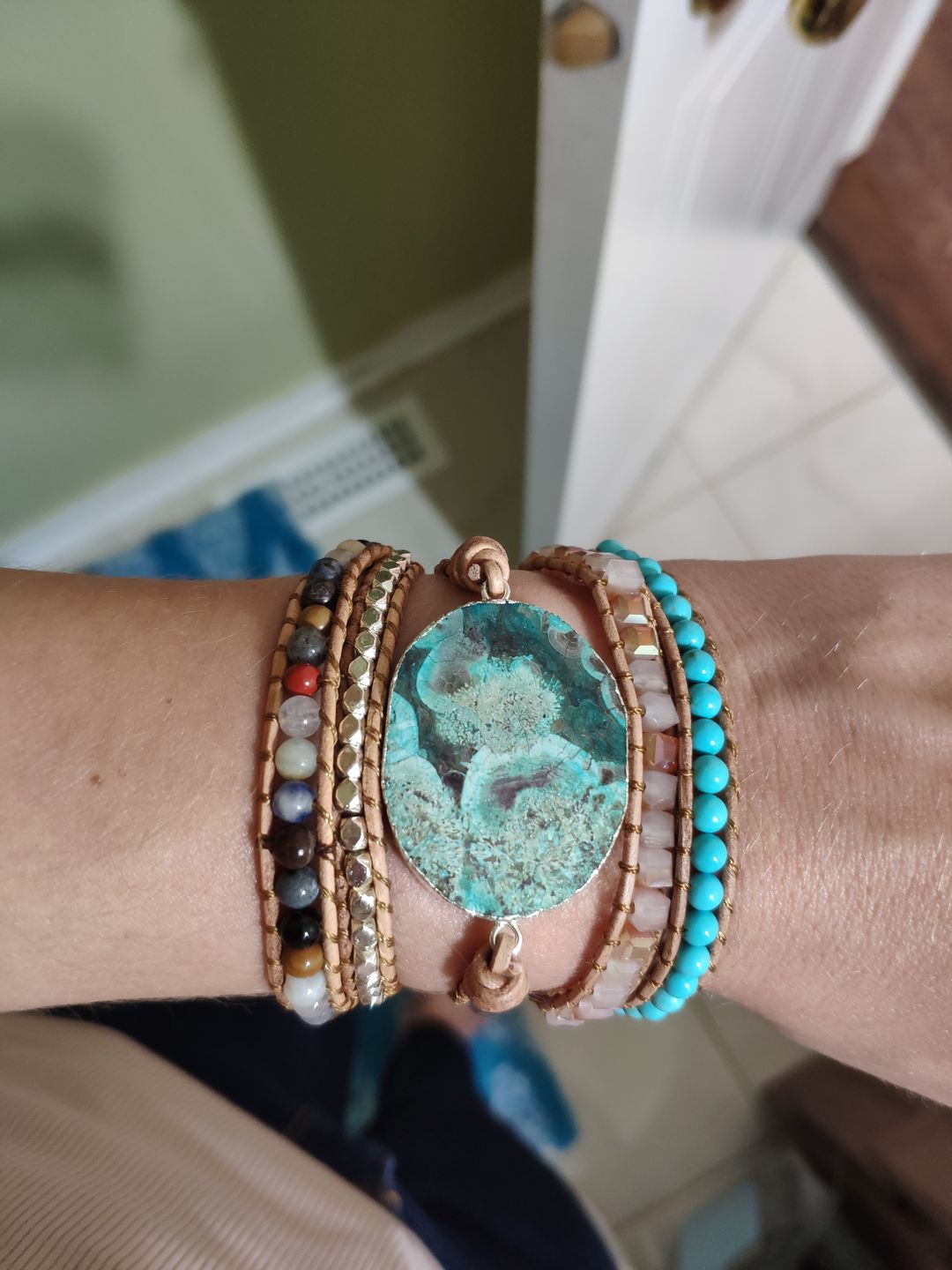Customer photo review of Handmade Natural Ocean Jasper Leather Wrap Bracelet