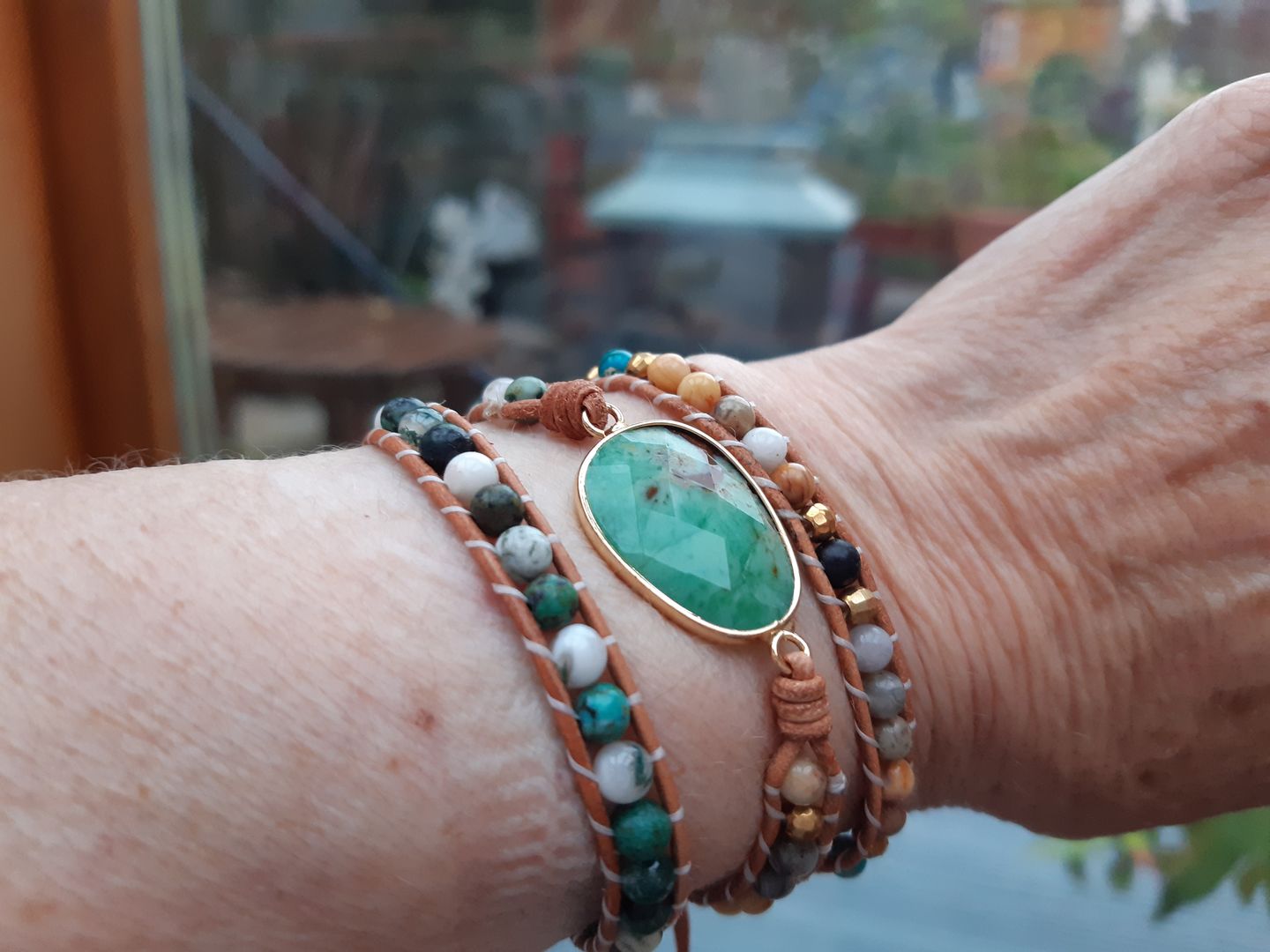 Customer photo review of Natural Green Jade Jasper and Moss Agate Wrap Bracelet