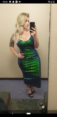 Customer photo review of Glitz & Glamour Dress in Green Sequins - Vixen by Micheline Pitt