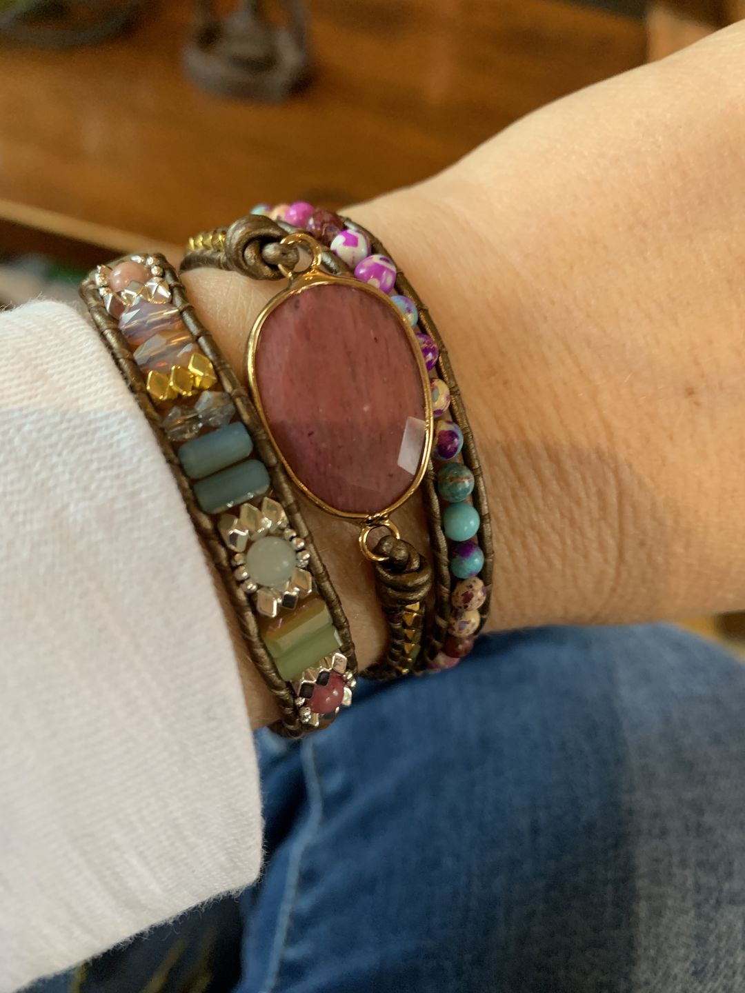 Customer photo review of Natural Rhodonite & Jasper Wrap Bracelet