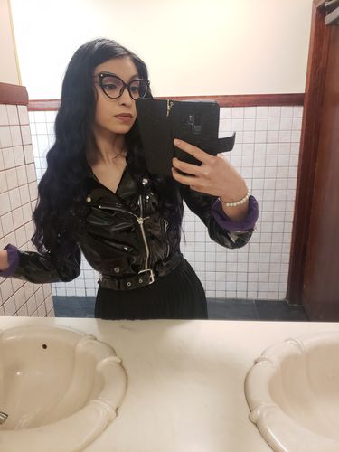 Customer photo review of Miss Kitty Cropped Motorcycle Jacket in Black Vinyl - Vixen by Micheline Pitt