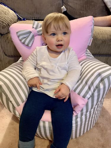 Customer photo review of Personalised Grey Stripe And Pink Bean Bag Chair