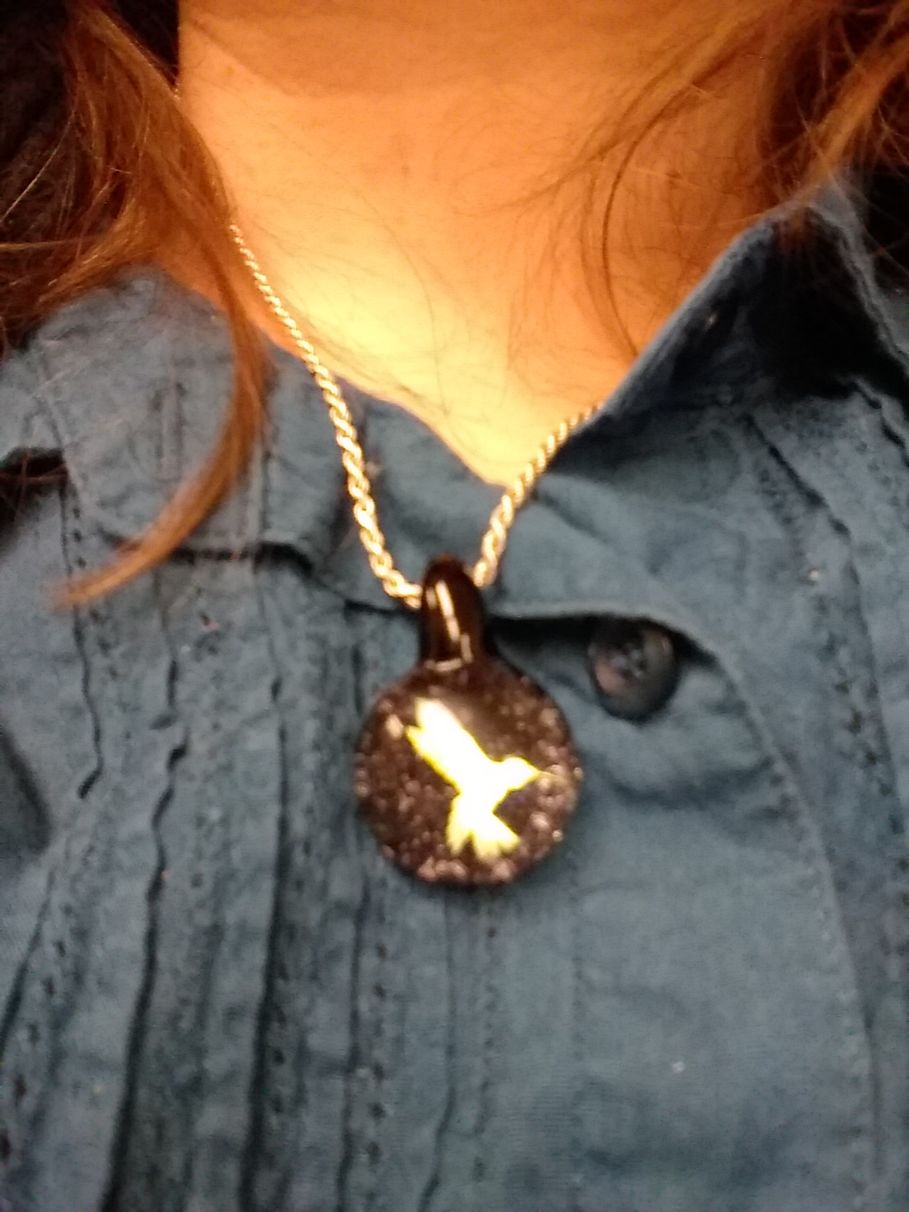 Customer photo review of Hummingbird Hologram Pendant with Infused Cremation Ash
