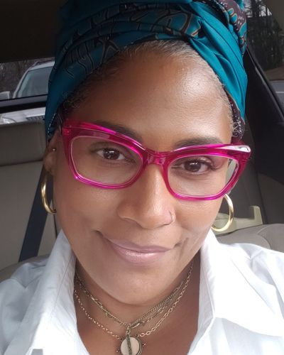 Customer photo review of African Print Head Wrap With Satin-Lined(Blue Impression) -AW1985