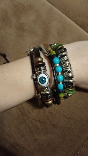 Customer photo review of Multilayer Spiritual Leather Bracelet- Adjustable and Unisex