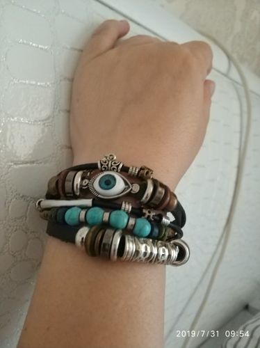 Customer photo review of Multilayer Spiritual Leather Bracelet- Adjustable and Unisex