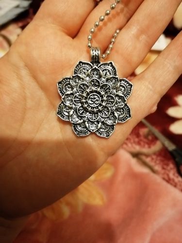 Customer photo review of Antique Silver Om Lotus Blossom Mandala Necklace