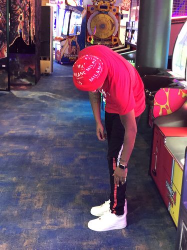 Customer photo review of Painted Side Stripe Denim Track Pants Black - White - Red (M4695D)