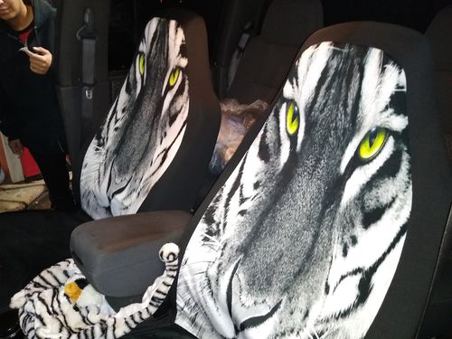 Customer photo review of Black And White Tiger Face Universal Fit Car Seat Covers