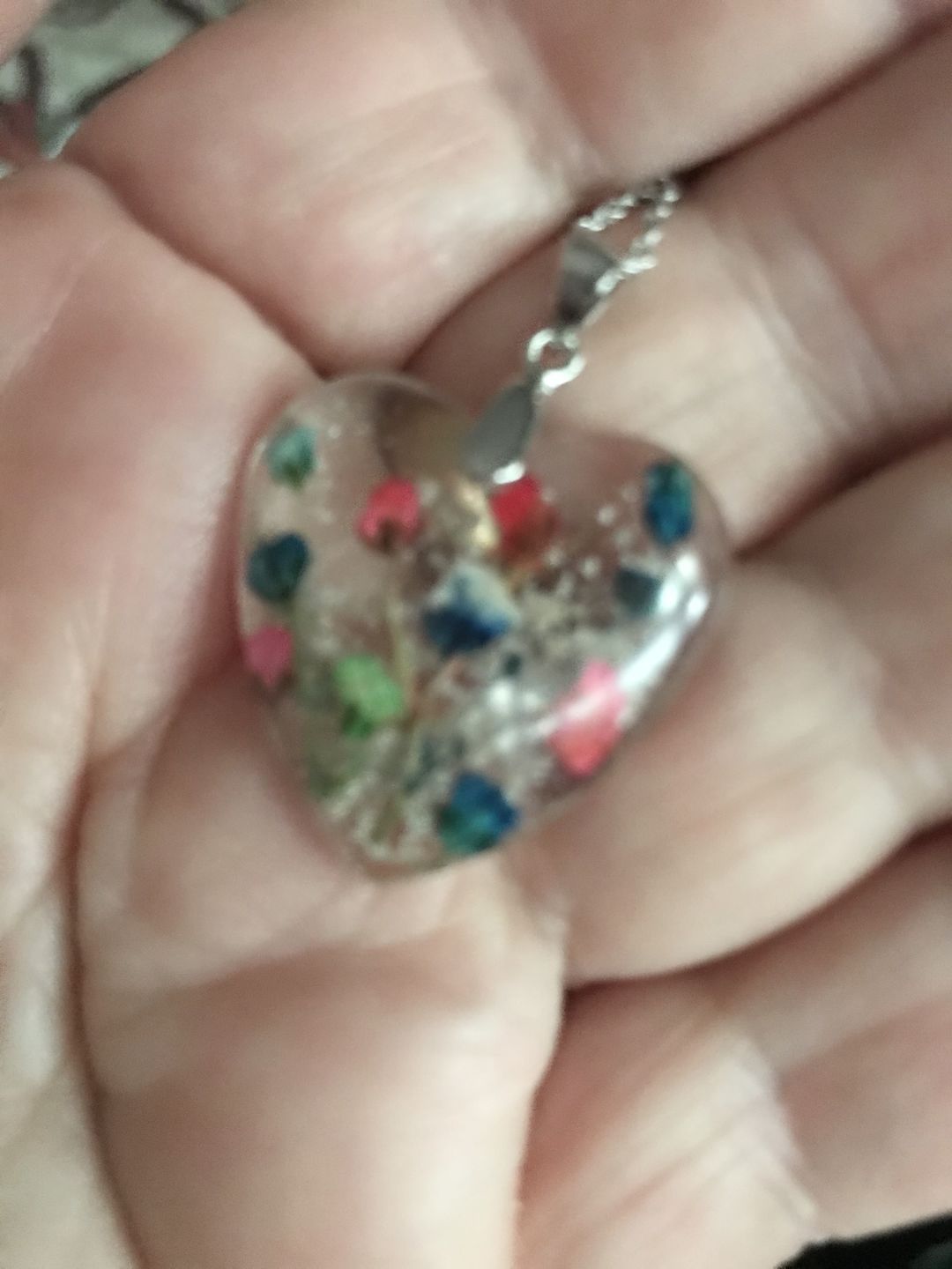 Customer photo review of Flower Heart Necklace with Real Flower and Cremains