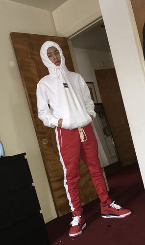 Customer photo review of Premium Side Stripe Zip Pocket Track Pants (Red-White)