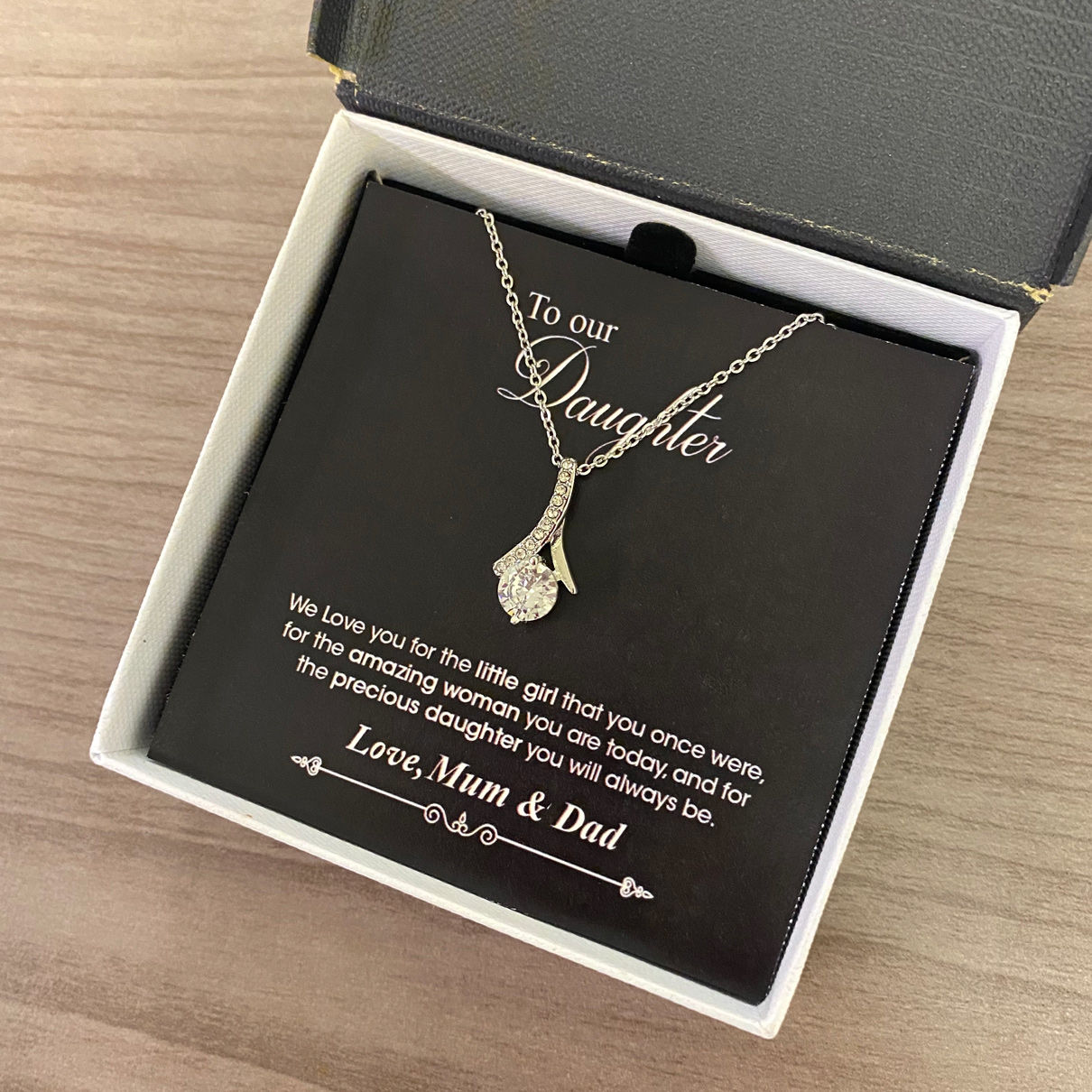 Customer photo review of "To Our Daughter, Love mum & Dad" White gold necklace