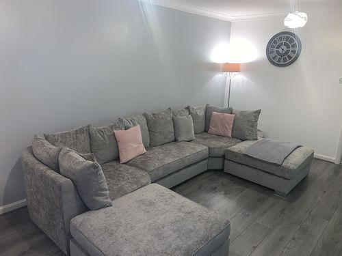 Customer photo review of BISHOP CHENILLE U-SHAPE CORNER SOFA - SILVER