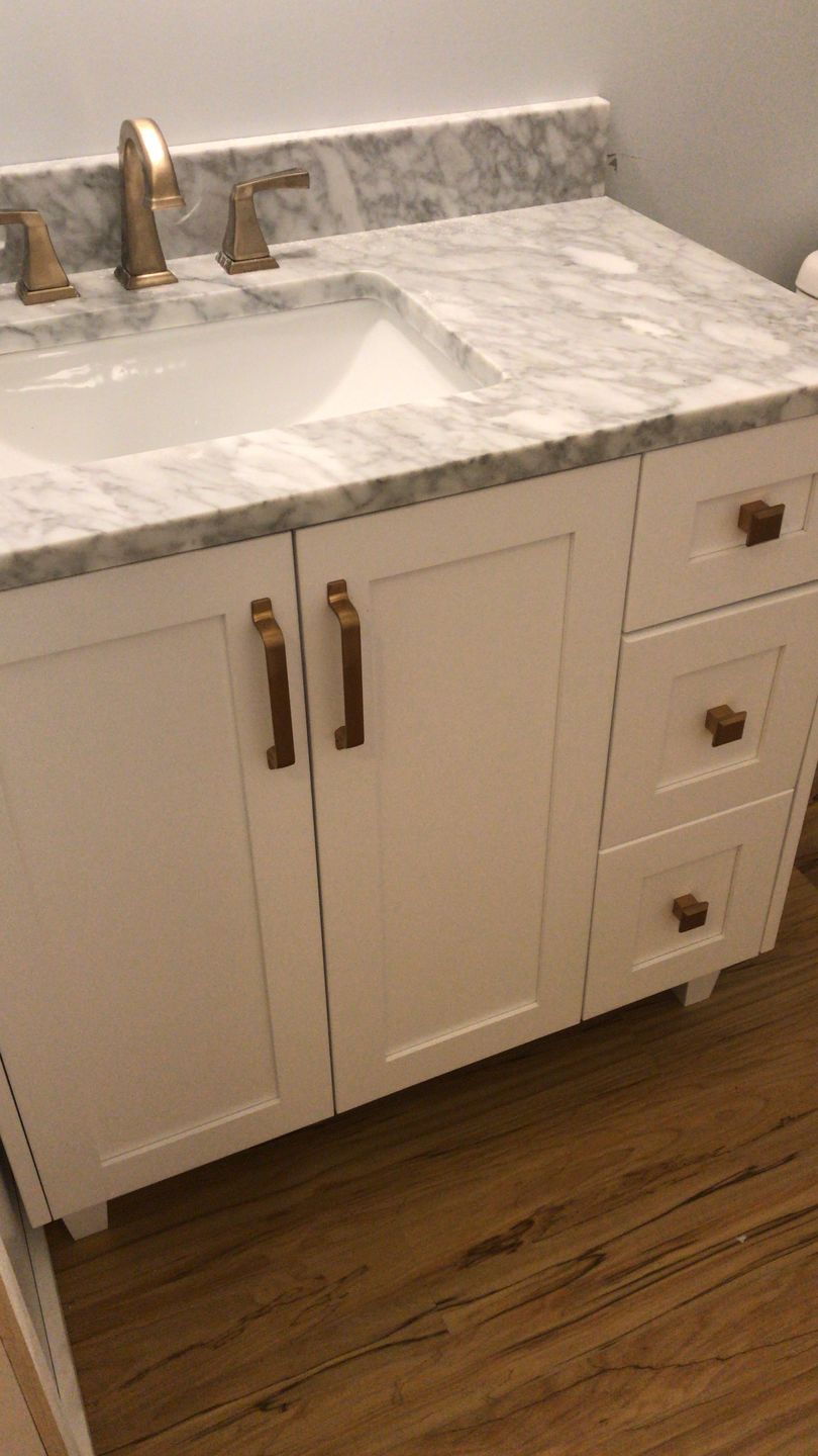 Customer photo review of Bridgeport 36" Satin White Bathroom Vanity, Left Sink