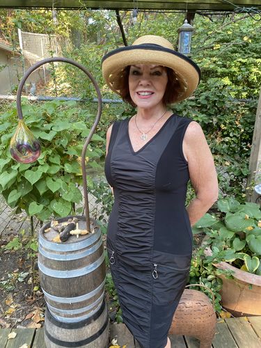 Customer photo review of Joseph Ribkoff Black Ruched Front Sleeveless Sheath Dress 193430 NEW