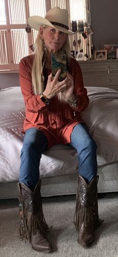 Customer photo review of Double D Ranch Ladies Escalante Red Patchwork Biker Boots DDL044-1