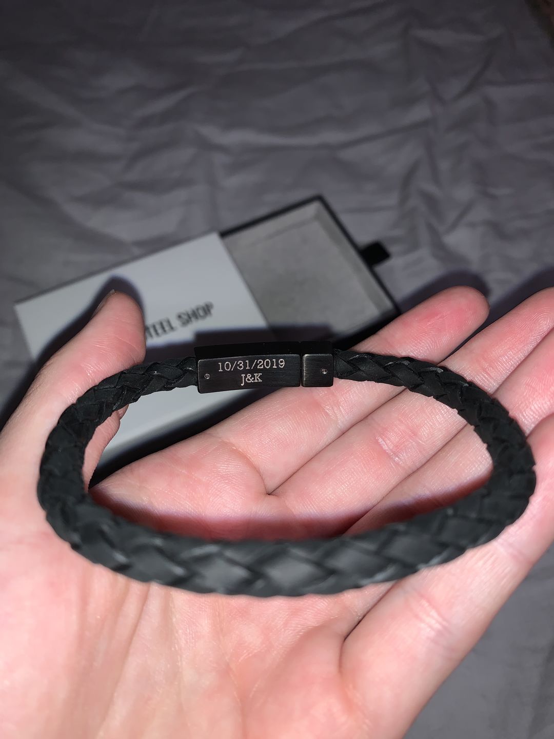 Customer photo review of 6mm Black on Black Steel Italian Leather Engravable Bracelet