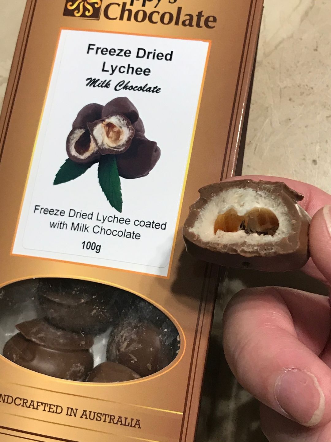 Customer photo review of Milk Chocolate Coated Freeze Dried Lychees 100g