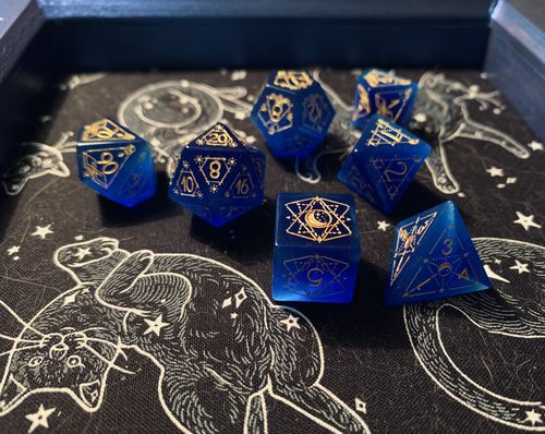 Customer photo review of URWizards Dnd Blue Cat's Eye Stone Engraved Dice Set Astrology Style