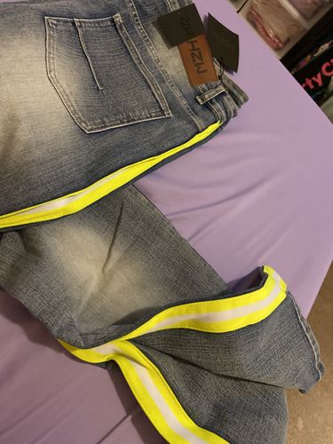 Customer photo review of Distressed Triple Side Stripe Denim Blue Wash - Safety Green - White (HZW4228)