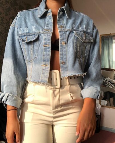 Customer photo review of Kylie Distressed  Denim Cropped Jacket